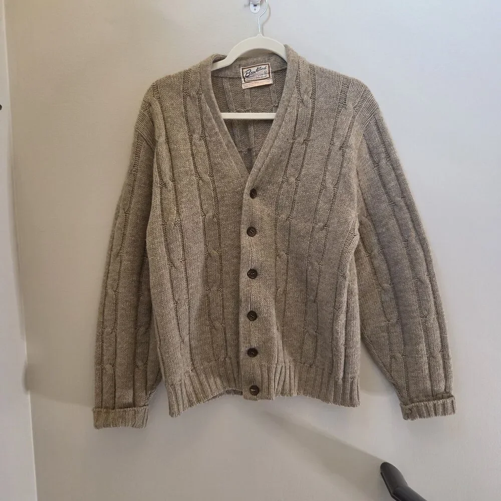 Vtg 50s/60s Brentwood Cable Knit Brown Cardigan Sweater Wool Blend Academia Lg